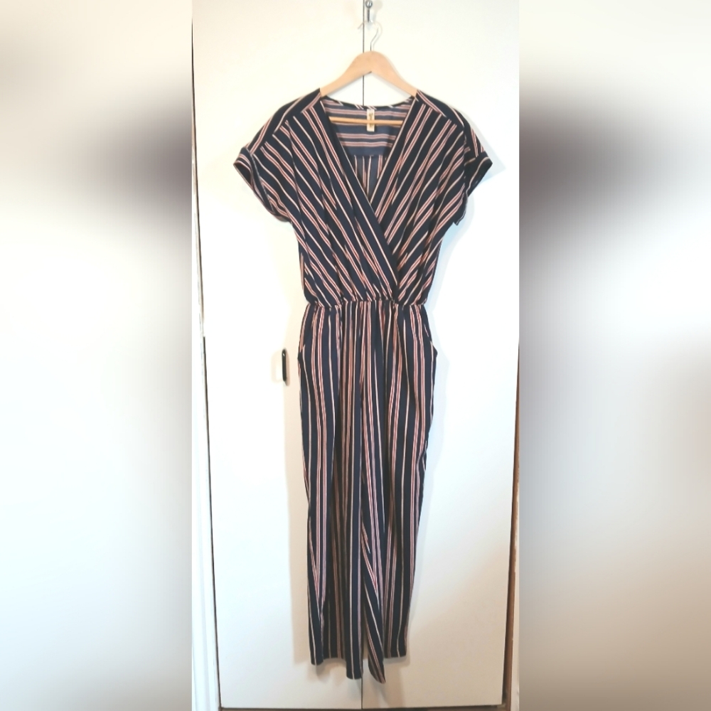 Vintage Shoreline Summer Navy Striped Jumpsuit w/ Pockets – Size Small